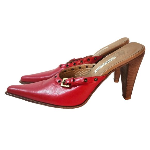 Caterina Lucchi Women's Red Leather Mules Buckle Detail Snip Toe Size 40 EU/9 US - Picture 2 of 14